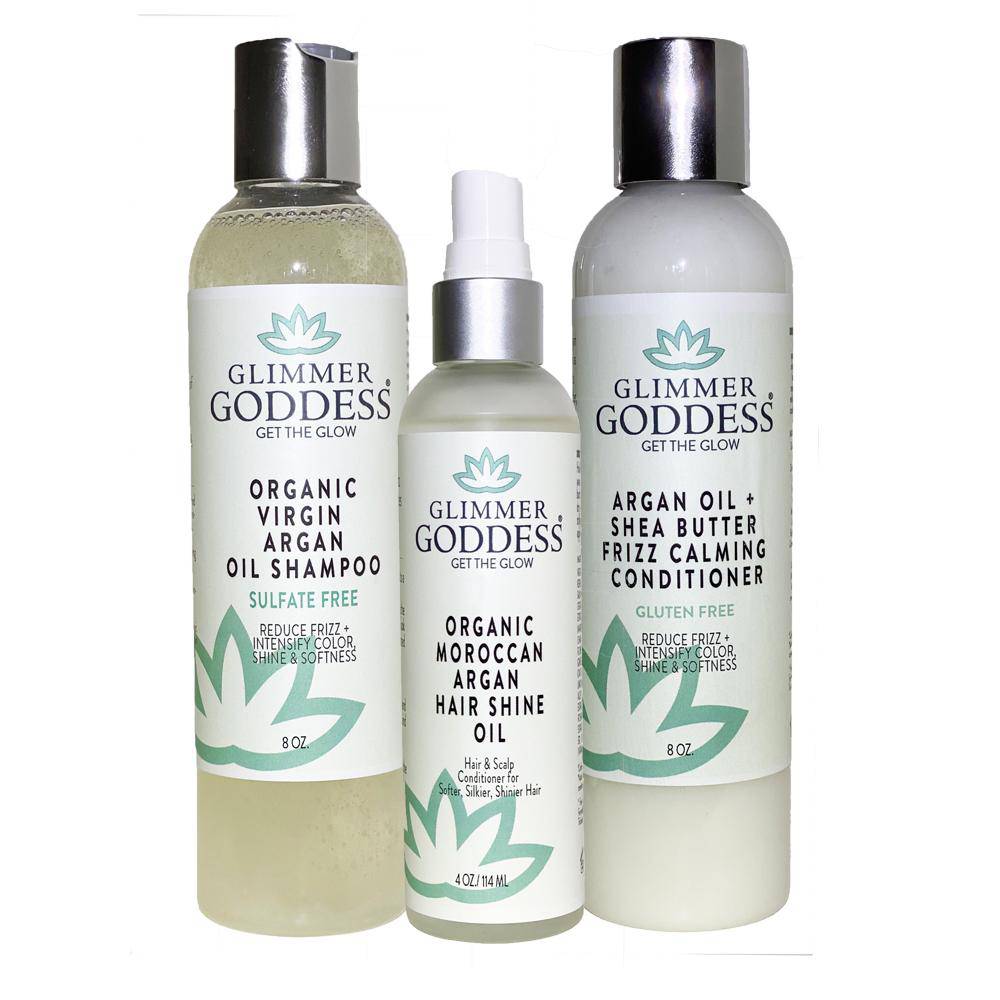 Haircare Set | Glimmer Goddess | Organic Argan Oil Shampoo & Conditioner with Hair Shine Spray